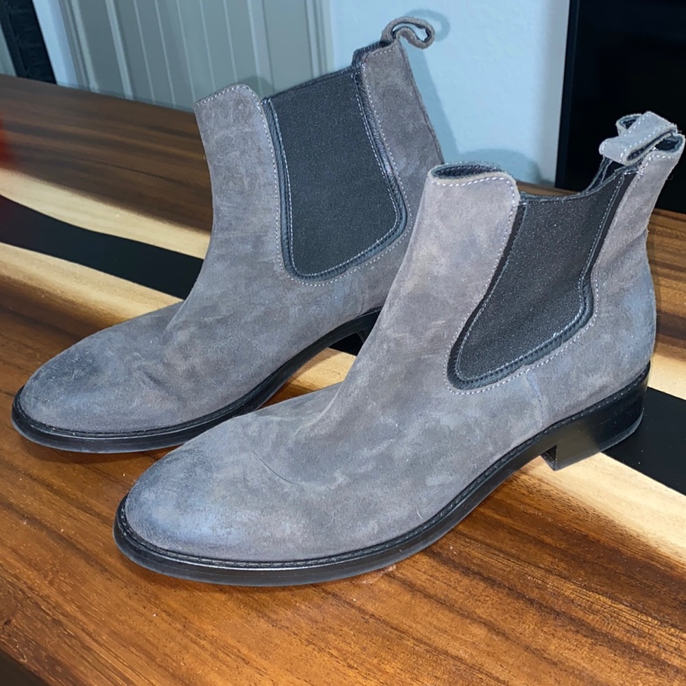 Gray leather booties